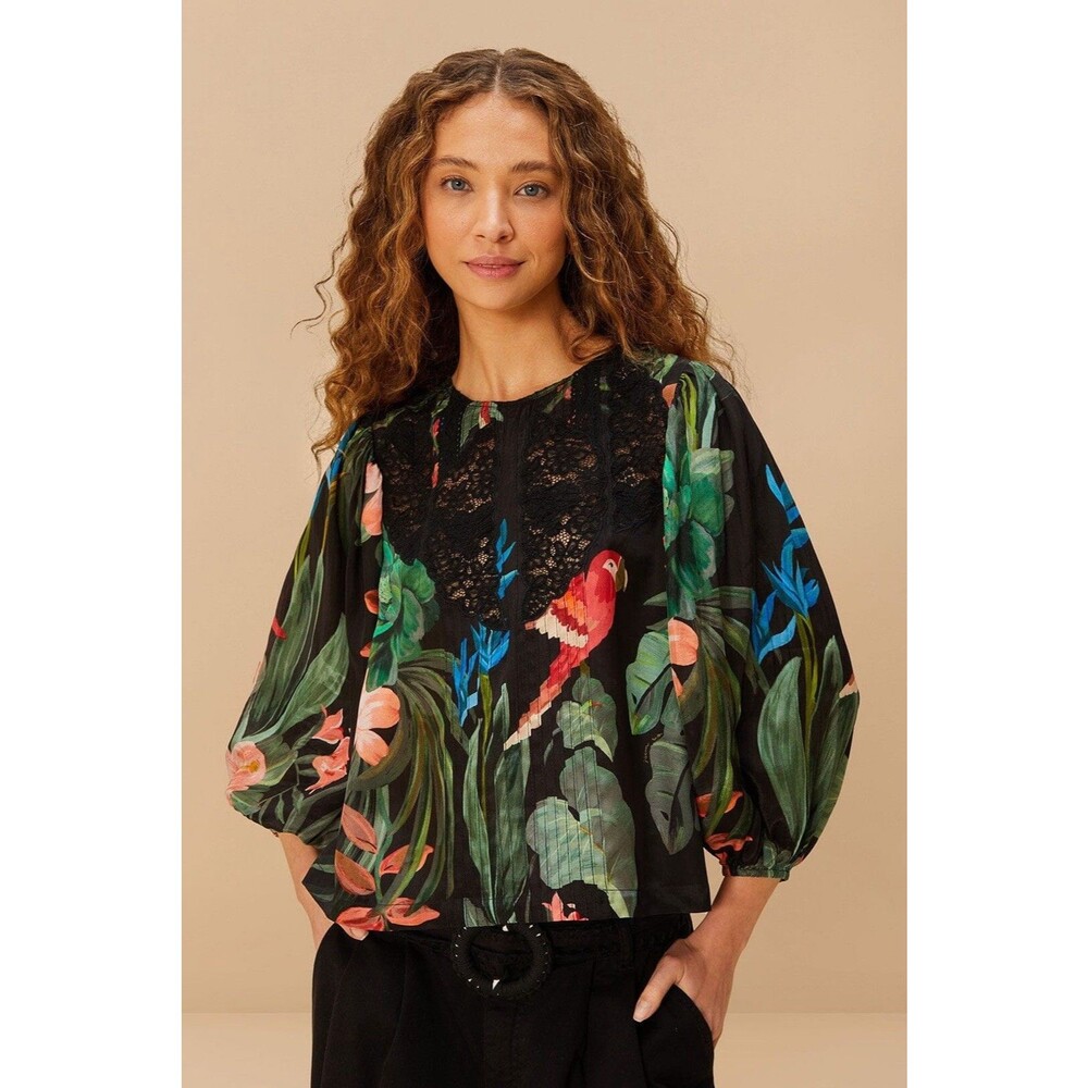 FARM RIO Midnight Macaw Fiesta Blouse Women's Small Black Birds Tropical Floral